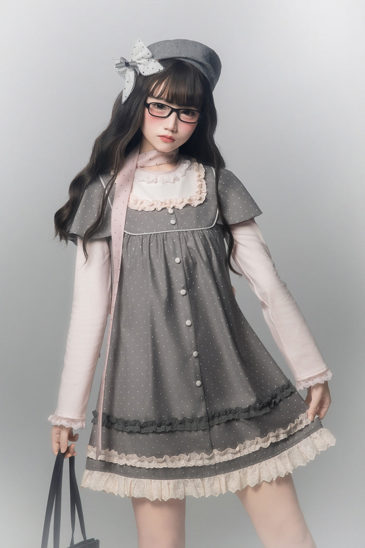 Grey [Polka Dot Bouclé] Round Collar Long Sleeves Printed Ruffled Faux Two-Piece Sweet Japanese Lolita Dress