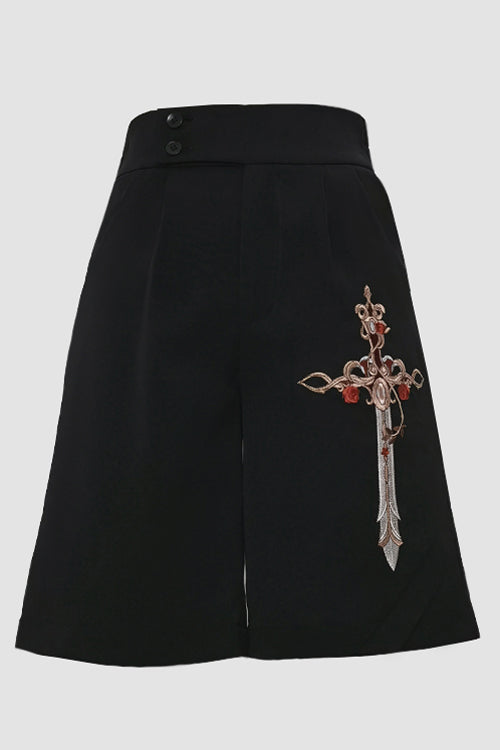Black Vintage Night Command Rose Thorns Embroidery Ouji Lolita Shorts