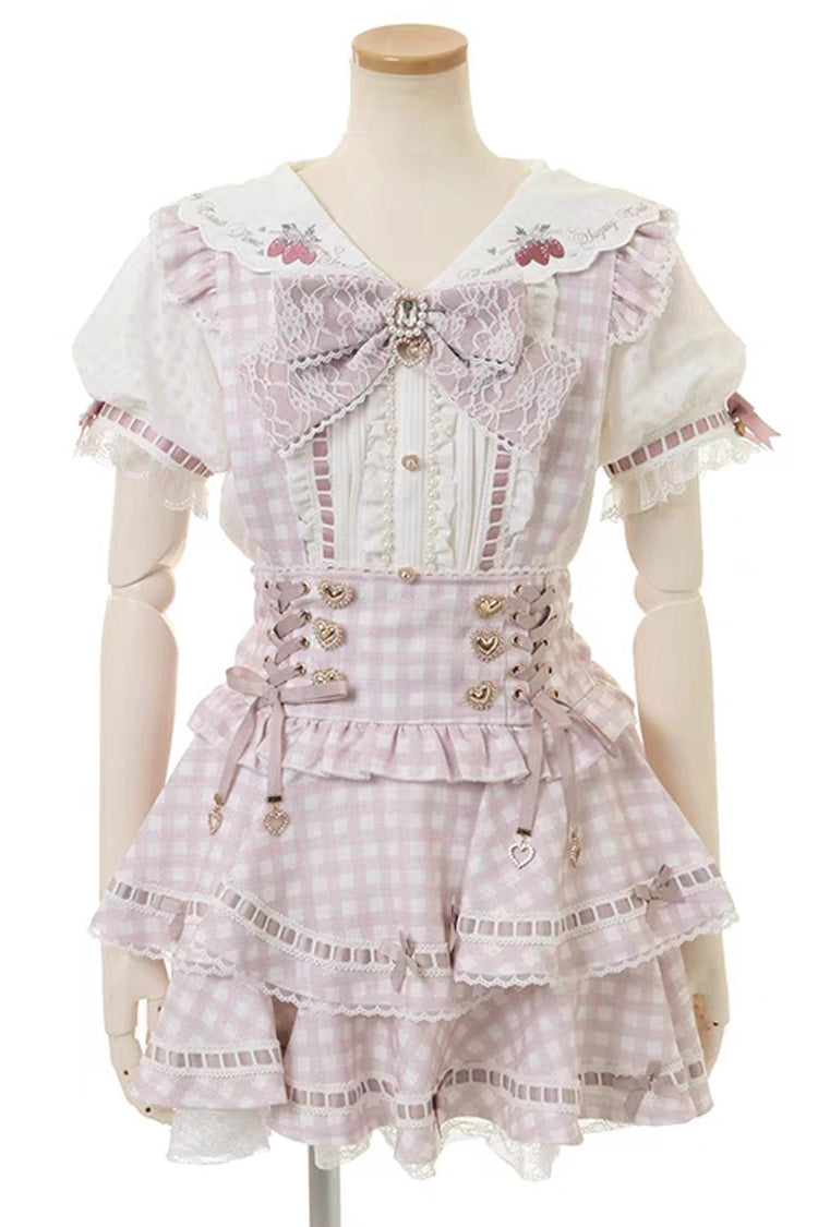 Sweet Multi-Layered Plaid Printed Ruffled Bow Lace-Up Jirai Kei Plus Size Japanese College Style Skirt 3 Colors