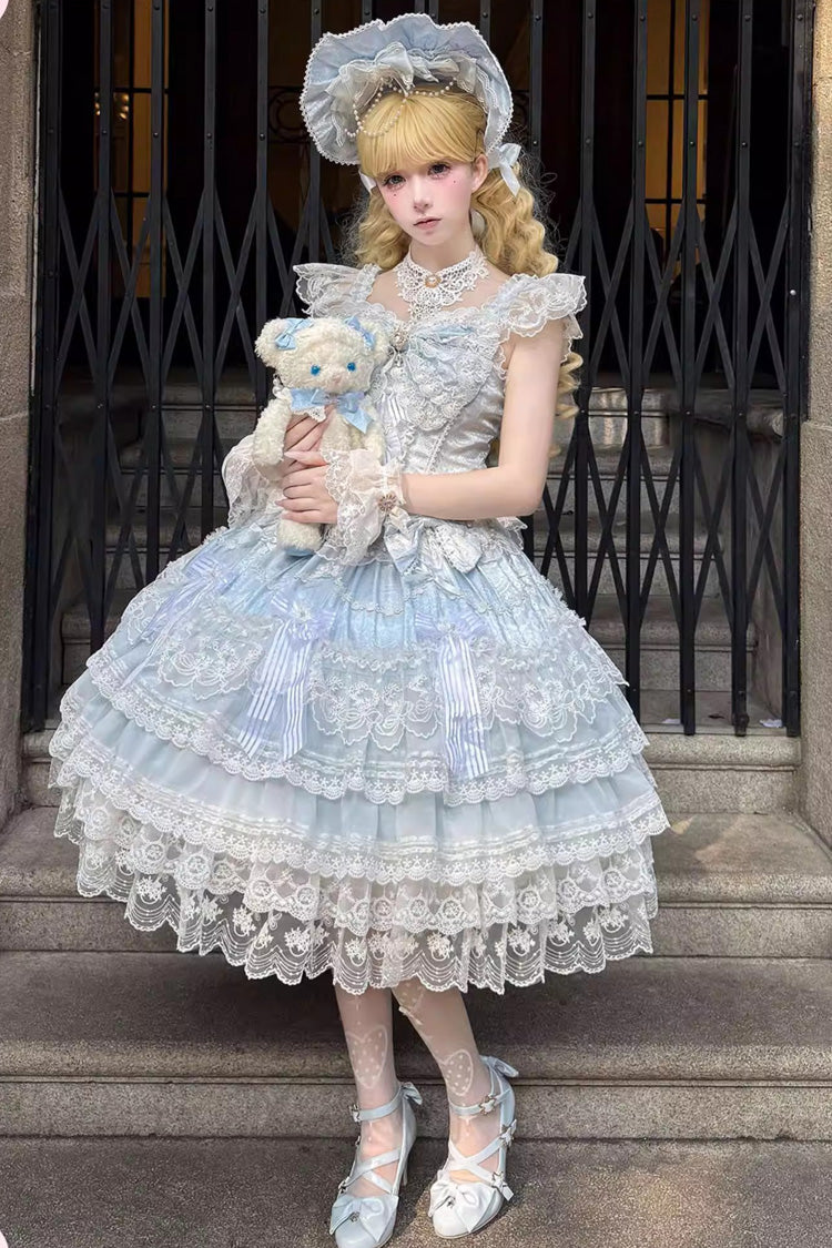 Blue [Moonlit Sakura Ode] Sleeveless Multi-Layered Ruffled Bow Lace Sweet Lolita Dress
