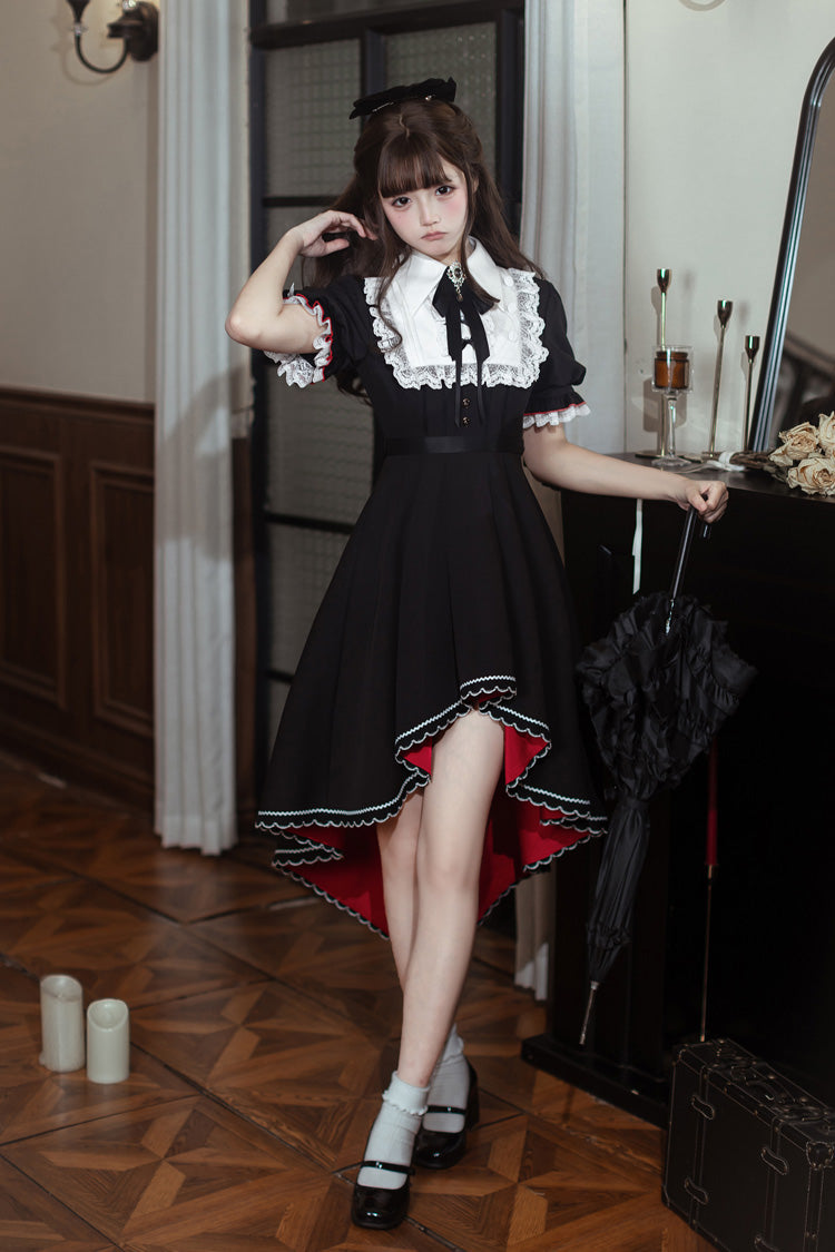 Black/White [Rosalind] Lapel Collar Short Sleeves Bow Lace Gothic Maid Lolita Dress