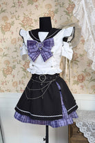 Black/White Short Sleeves Print Bowknot Sweet Jirai Kei Skirt Set