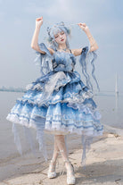 Blue [Jellyfish] Gradient Print Ruffle Embroidery Bowknot Lace Asymmetric Sweet Elegant Lolita Jsk Dress