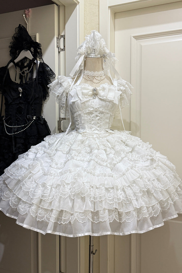 White [Eternal Vow] Sleeveless Multi-Layered Ruffle Hanayome Bowknot Lace Lace-Up Sweet Lolita Jsk Dress