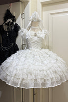 White [Eternal Vow] Sleeveless Multi-Layered Ruffle Hanayome Bowknot Lace Lace-Up Sweet Lolita Jsk Dress