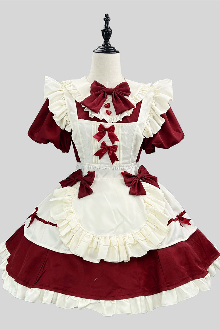 Wine/White Short Sleeves Ruffle Bowknot Lace Plus Size Sweet Maid Short Lolita Dress