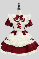 Wine/White Short Sleeves Ruffle Bowknot Lace Plus Size Sweet Maid Short Lolita Dress