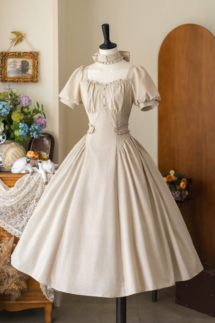 Light Khaki [Chantilly Forest] Square Collar Short Sleeves Striped Printed Ruffled Classic Vintage Elegant Lolita Dress