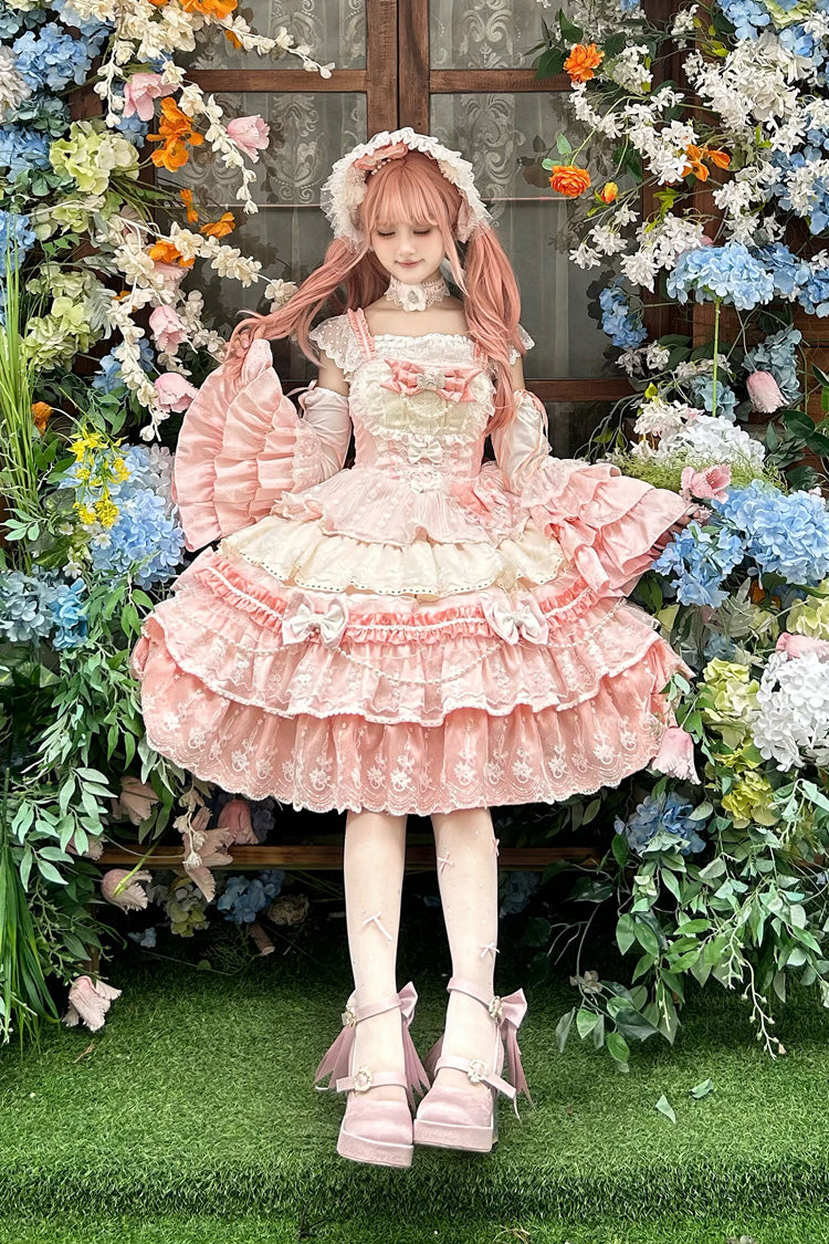 Pink [Falling Sakura] Multi-Layered Ruffled Hanayome Bow Lace Sweet Plus Size Princess Lolita Jsk Dress