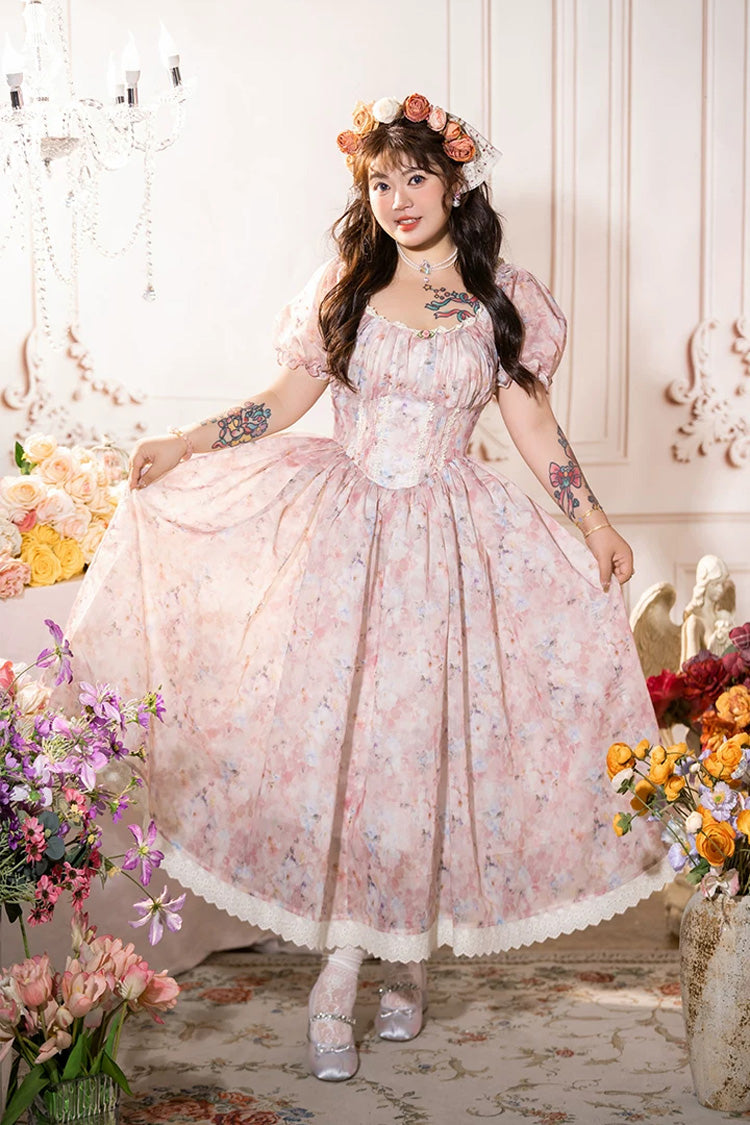 Pink Round Collar Short Puff Sleeves High Waisted Garden Printed Plus Size Vintage Lolita Dress