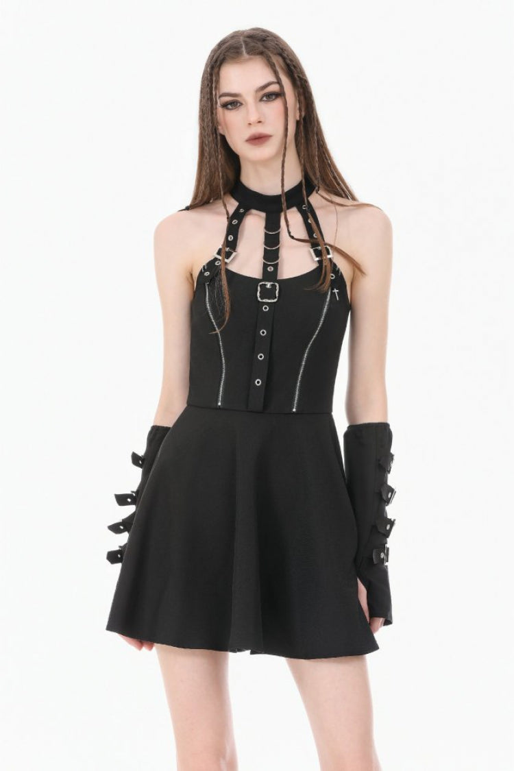 Black Buckled Zippered Women's Punk Halterneck Dress