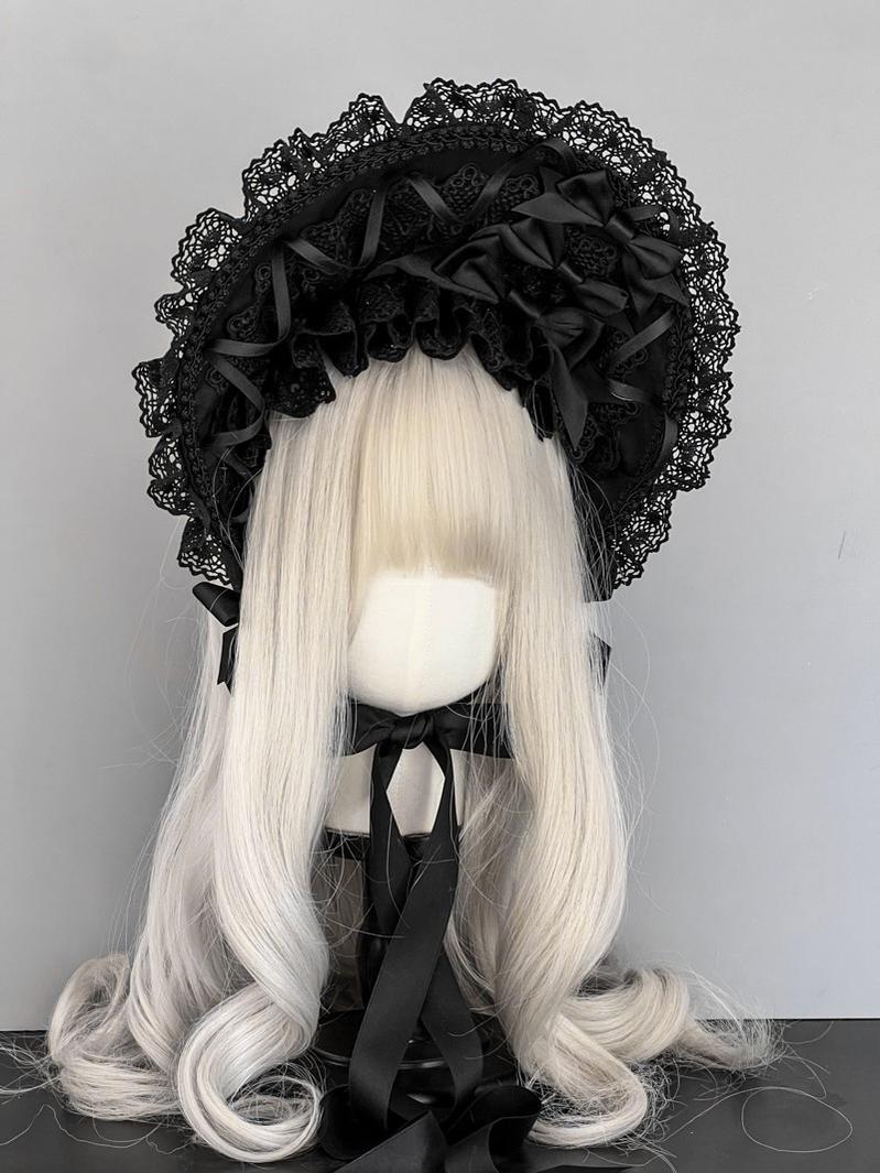 Gothic Lolita Lace Bonnet Wide Brim Bow BNT Headwear