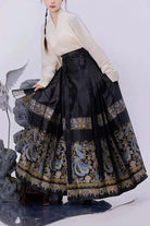 Black Chinese Style Print High Waisted Womens Hanfu Skirt