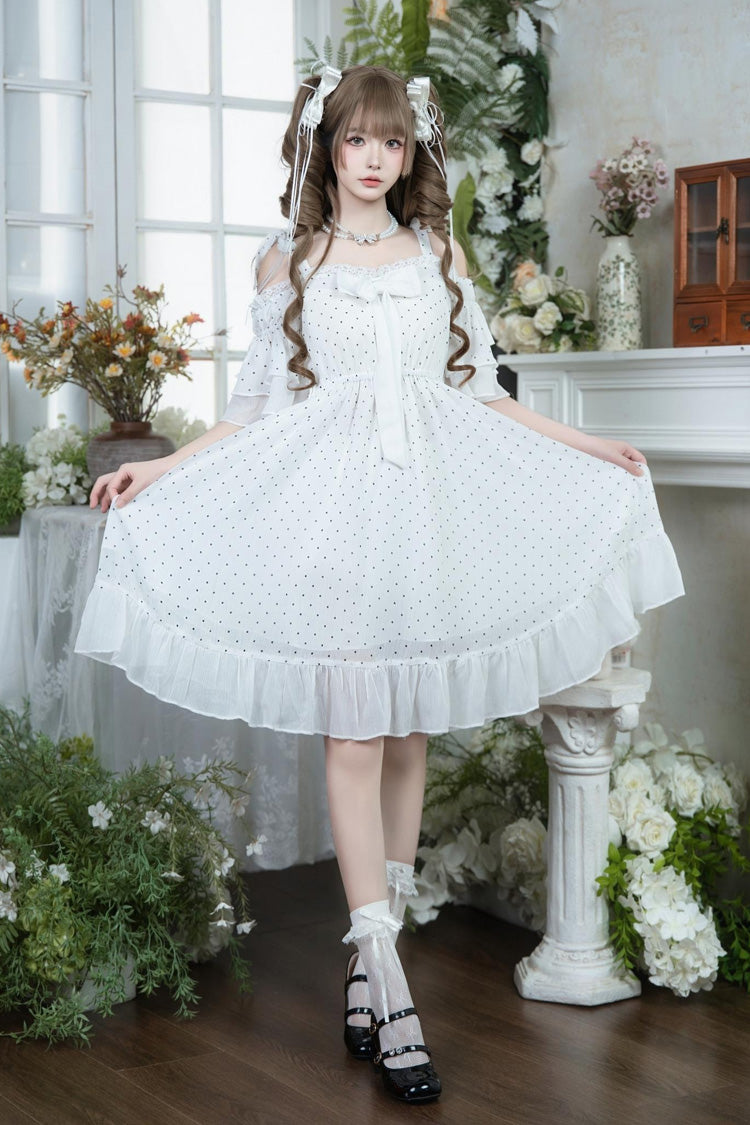 White Off Shoulder Short Sleeves Polka Dots Printed Ruffled Bow Lace Sweet Elegant Palace Lolita Dress
