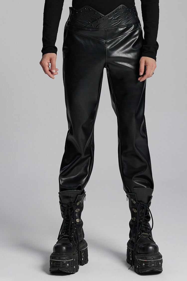 Black Print Men's Punk Leather Pants