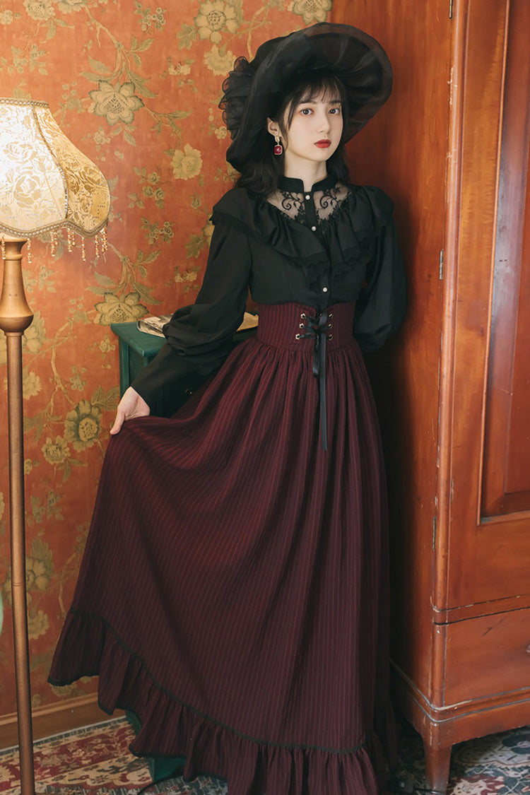 Black/Red Long Sleeves High Waisted Printed Lace Gothic Vintage Lolita Long Skirt Dress Set