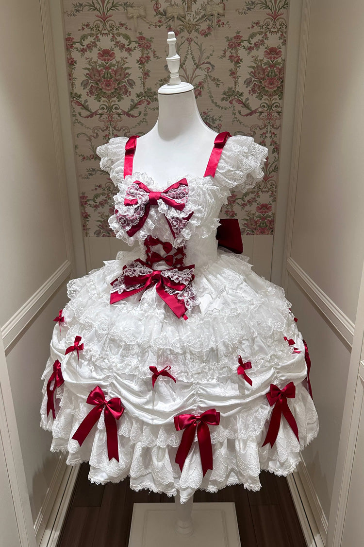 White/Red [Silk Satin Gift Box] Square Collar Sleeveless Multi-Layered Ruffled Bow Lace Sweet Lolita Jsk Dress
