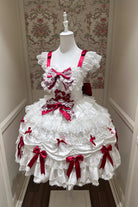 White/Red [Silk Satin Gift Box] Square Collar Sleeveless Multi-Layered Ruffled Bow Lace Sweet Lolita Jsk Dress