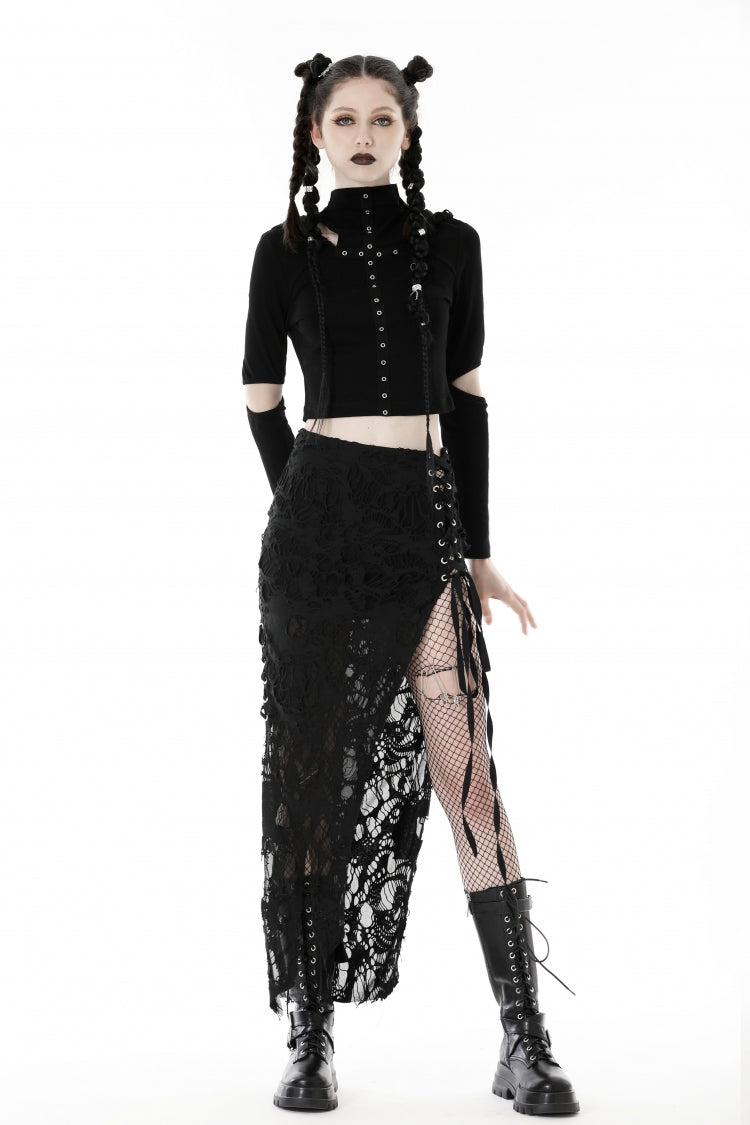 Black Lace-Up Ripped Women's Punk Split Long Skirt