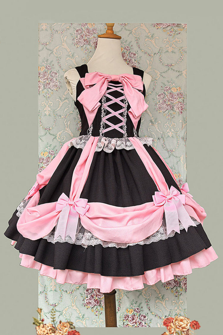 Black/Pink [Gift Box] Sleeveless Double-Layered Ruffled Bow Lace-Up Sweet Lolita Jsk Dress
