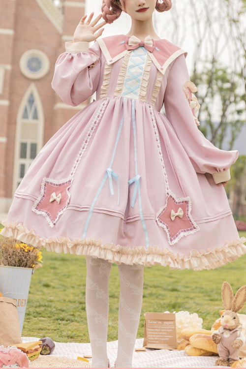 Round Collar Chiffon Ruffled Lantern Sleeves Pentagram Embroidered High Waisted Sweet Lolita OP Dress
