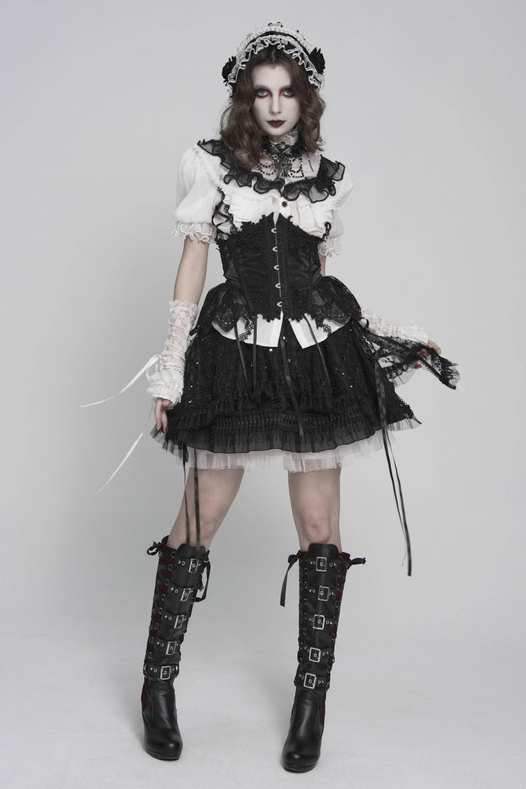 Black/White Stand Collar Short Sleeves Embroidered Lace Lace-Up Slim Pleated Women's Gothic Palace Blouse