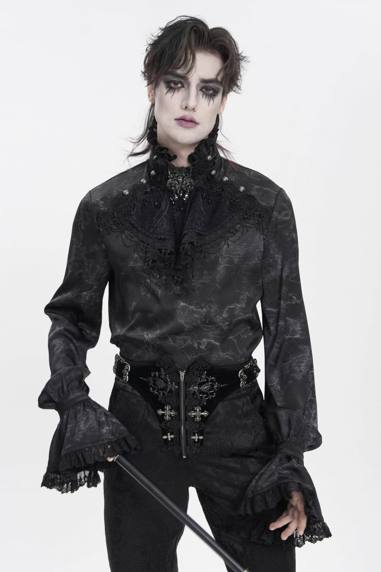 Black Stand Collar Long Trumpet Sleeves Printed Bow Lace Pearl-Decorated Men's Gothic Gorgeous Shirt