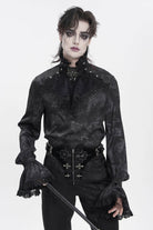 Black Stand Collar Long Trumpet Sleeves Printed Bow Lace Pearl-Decorated Men's Gothic Gorgeous Shirt