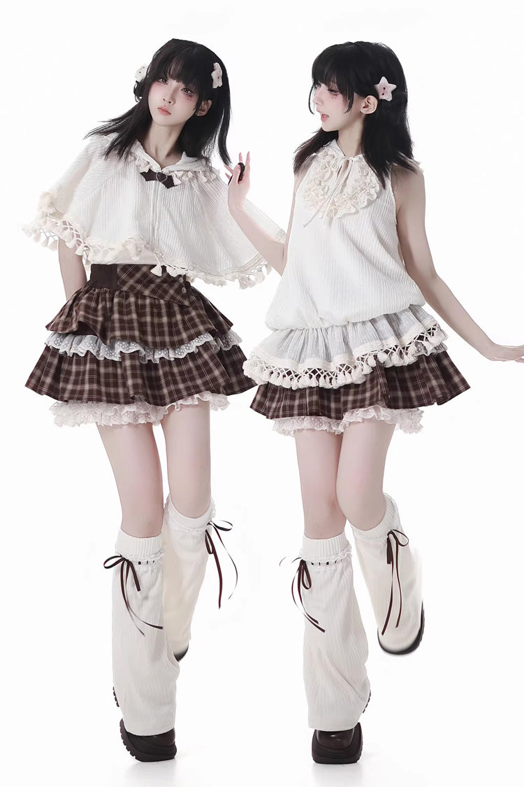 Brown [Warm Summer Days] Double-Layered Printed Ruffled Spliced Lace Sweet Lolita Skirt