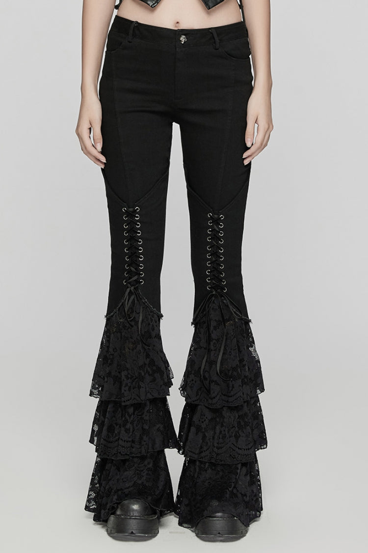 Black Triple-Layered Ruffle Lace-Up Mesh Women's Gothic Pants