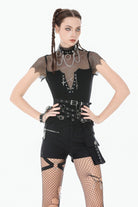 Black Short Sleeves Irregular Mesh Cross Chain-Decorated Eyelet Women's Punk Top
