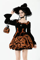 Black/Orange Square Collar Long Sleeves Bat Printed Lace-Up Women's Gothic Pumpkin Halloween Dress