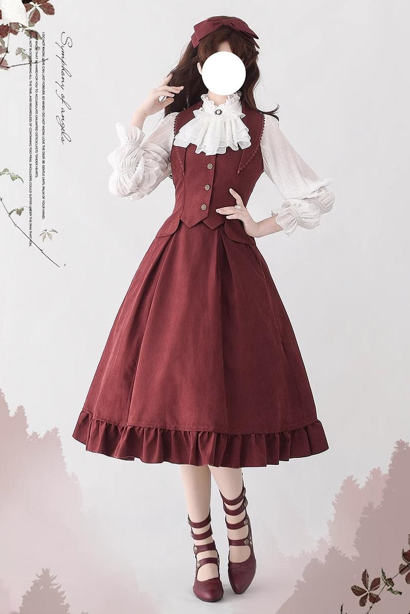 Misty Forest - Elegant Vintage Fishbone Lolita Long Skirt & Vest