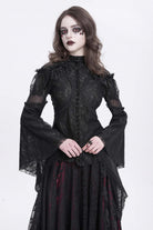 Black Stand Collar Long Trumpet Sleeves Embroidery Stitching Lace Women's Gothic Blouse