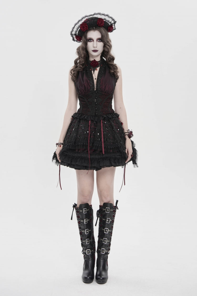 Black/Red Off Shoulder Double-Layered Embroidered Lace Lace-Up Slim Women's Gothic Vest