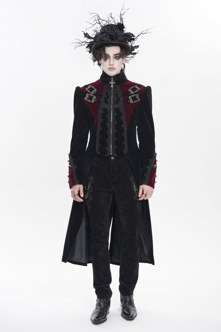 Black Stand Collar Long Sleeves Embroidered Color-Blocked Buckled Zippered Men's Gothic Palace Jacket