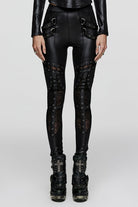 Black Hollow Metal Eyelet Strap Lace-Up Women's Steampunk Leggings