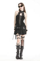 Black Women's Punk Buckled Eyelet Multi-Pockets Pleated Mini Skirt