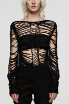 Black Long Sleeves Hollow Sheer Ripped Women's Steampunk Knitted Sweater