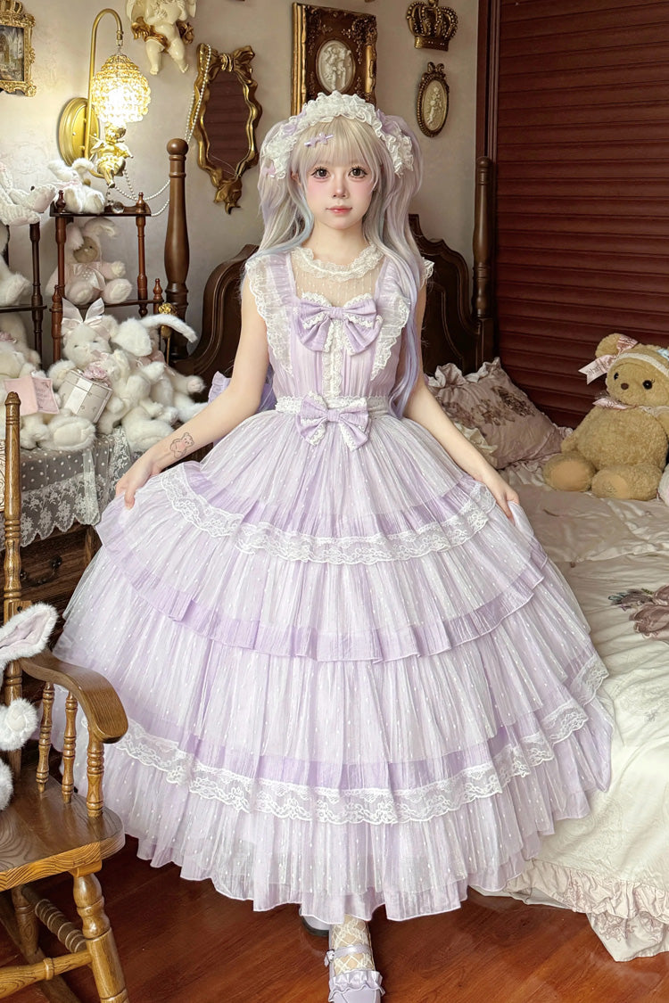 Purple [Aegean] Square Collar Flutter Sleeves Multi-Layered Ruffled Bow Sweet Lolita Jsk Dress Set