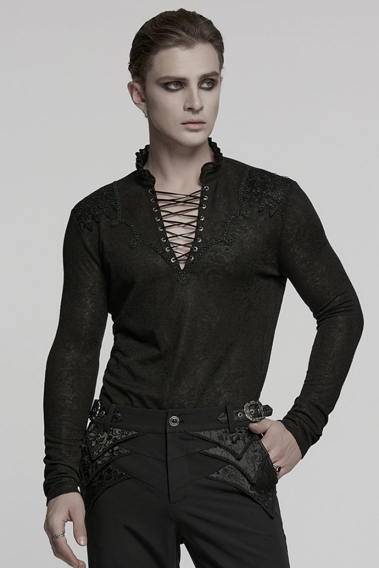 Black V Collar Long Sleeves Jacquard Embroidery Men's Gothic Blouse