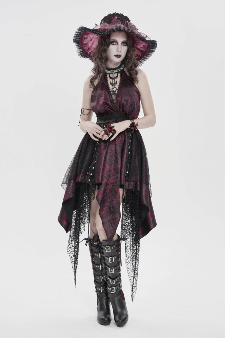 Black/Red Off Shoulder Sleeveless Multi-Layered Printed Lace Irregular Tassels Women's Gothic Dress