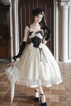 Black/White [Paris Souvenir] Sleeveless Ruffled Bow Lace-Up Fishbone Pearl-Decorated Classic Elegant Lolita Jsk Dress
