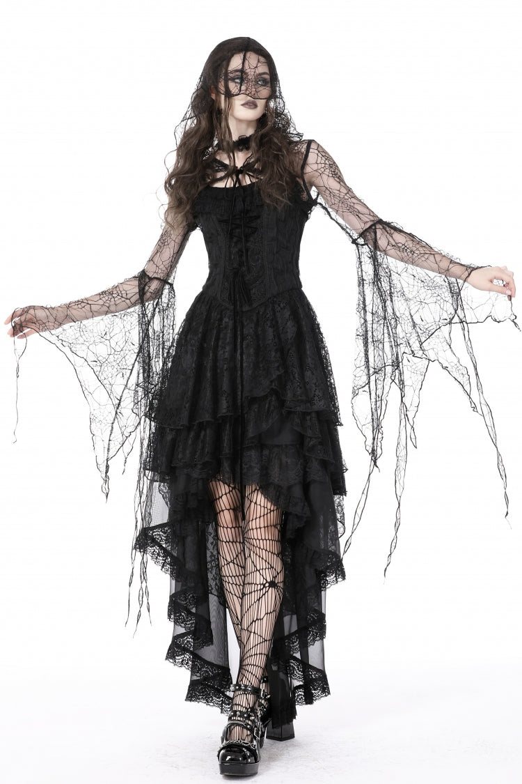 Black Spider Exaggerated Long Flared Sleeves Lace-Up Sheer Women's Gothic Cape with Hood