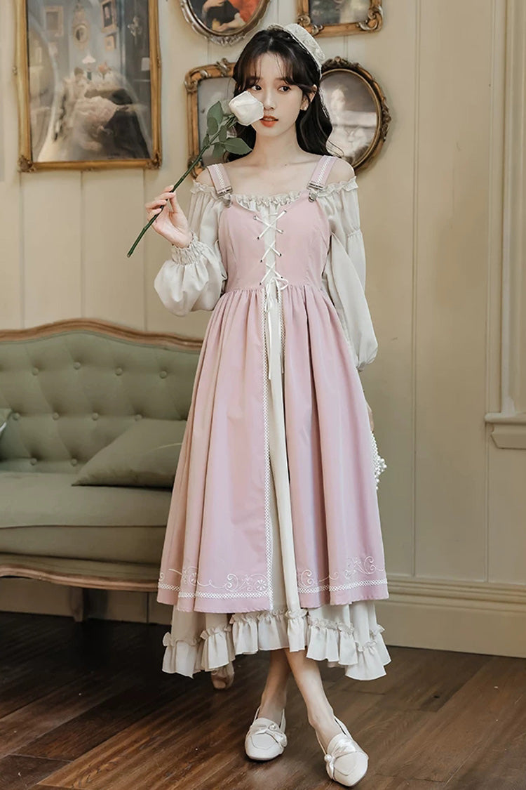 Pink/Apricot Square Collar Long Sleeves Ruffled Embroidered Lace-Up Sweet Lolita Two-Piece Dress Set