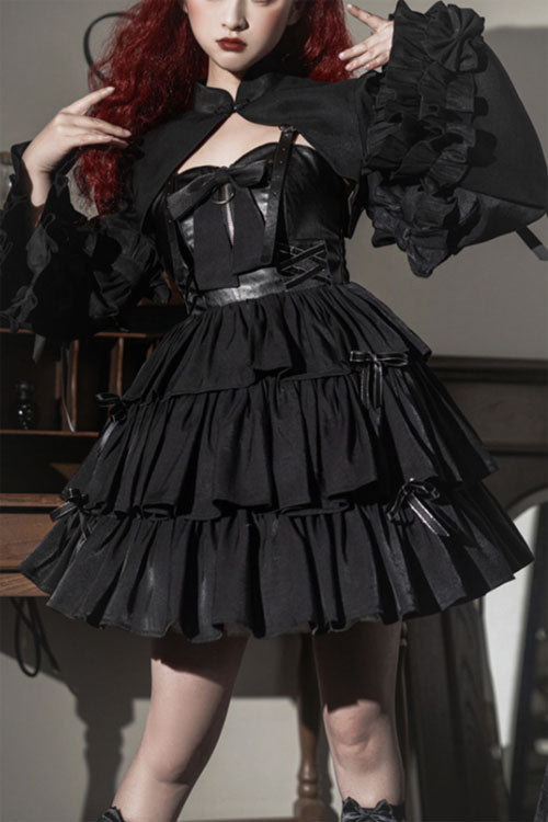 Dawn and Dusk Black Bowknot Ruffled Gothic Lolita JSK Tiered Dress