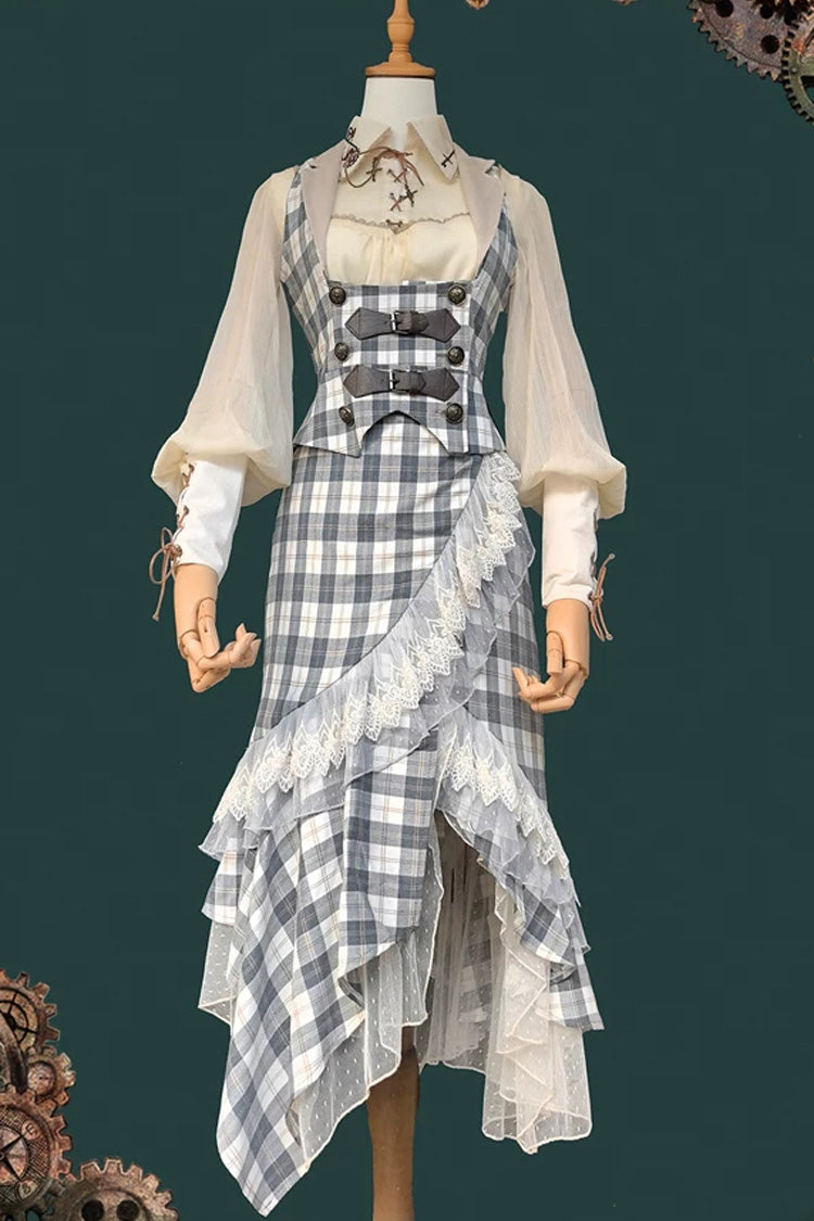 Blue Plaid [The Traveler] Sleeveless Ruffled Irregular Asymmetric Punk Lolita Skirt Set