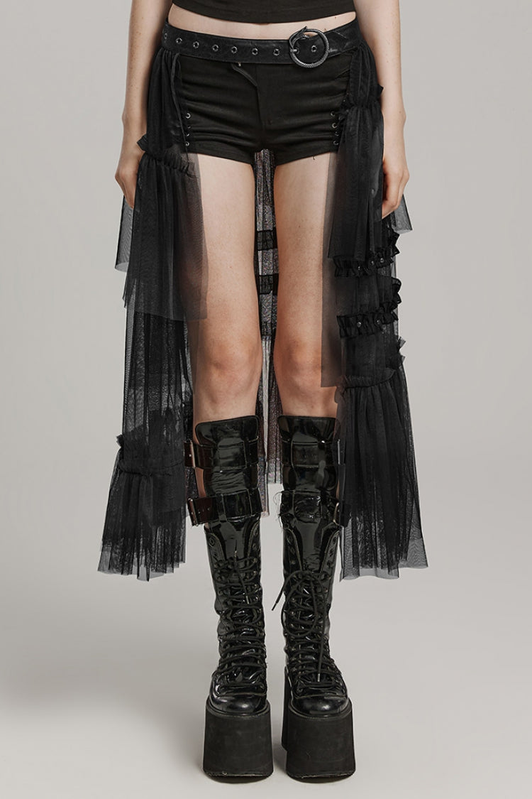 Ruffle Mesh Buckle Women's Steampunk Long Overskirt 3 Colors