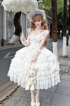 White [Eternal Floral Message] Square Collar Sleeveless Multi-Layered Hanayome Embroidered Bow Lace Sweet Lolita Jsk Dress