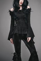 Black Knit One-Word Shoulder Rose Decoration Collar Waist Side Splice Lace Up Flare Sleeve Women's Gothic Shirt
